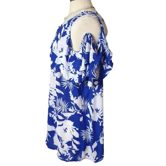Bold Elements Womens Cold Shoulder Top XL Blue Floral Hawaiian Boho Tunic Chic - Picture 2 of 6